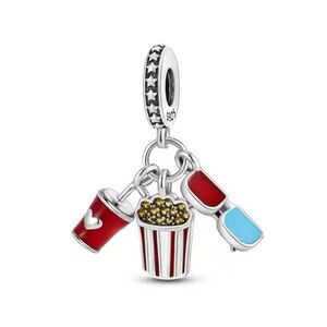 NWOT Cinema Movie Film Lover Soda Popcorn 3D Glasses Dangle Charm Silver 925